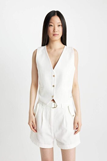 DeFacto Crop V-Neck Linen Blend Blazer Vest C7798Ax24Sm