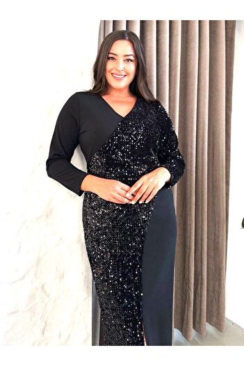 Şirin Butik Women's Plus Size Double Breasted Collar Sequin Detailed Evening Dress