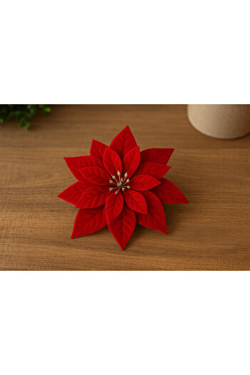 Derin Düşler Christmas Pine Tree Ornament Red Poinsettia with Clip 15 cm Christmas Tree Decoration Ornament