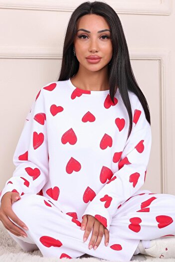 Niket Life White Long Sleeve Combed Cotton Pajama Set - Heart Pattern