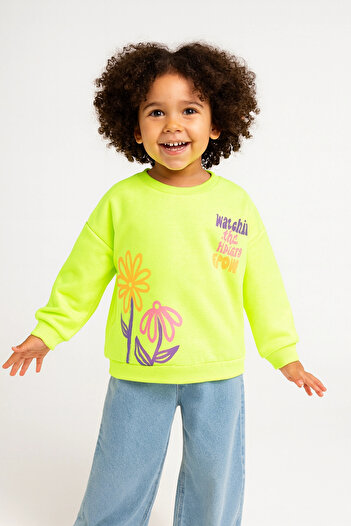 Divonette Girl's Sweatshirt Highlighter Green Long Sleeve Children's Sweatshirt with Lettering and Floral Pattern