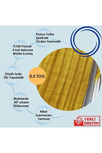 yorni Ürün Boyu 85cm, 6-18 Ay, Yazlık Ve Mevsimlik 4 Kat Müslin Kumaş Bebek Çocuk Torba Uyku Tulumu