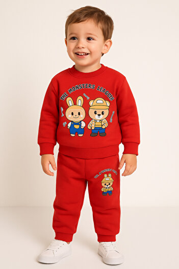 Uğur bebe Labubu Red 3 Threaded Ribbed Children's Tracksuit Set Warm and Comfortable Casual Wear