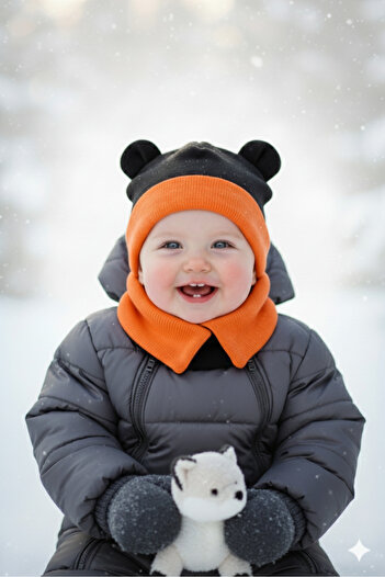 Babygiz Baby Kids Double Layer Special Design Extra Cold Protective Beanie Neck Collar Set