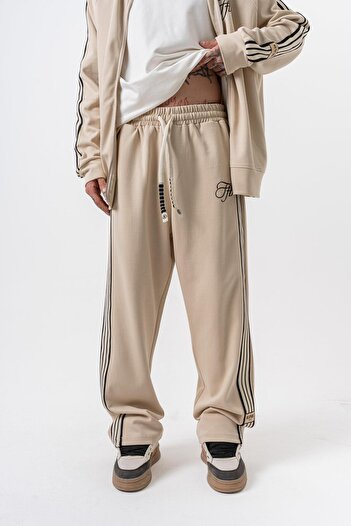 Respire Men's 3-Piece Stripe Detailed Winter Doubleface Baggy Sweatpants Beige