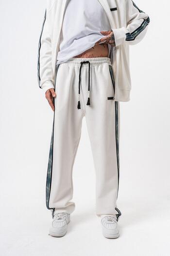 Respire Men's Dark Striped Detail Winter Doubleface Baggy Sweatpants Ecru