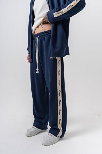 Respire Men's Stripe Detailed Winter Doubleface Baggy Sweatpants Navy Blue
