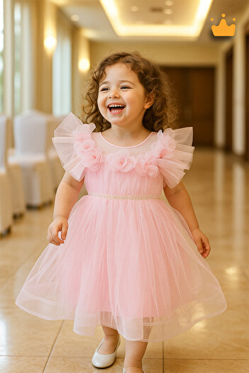 MİNİMONY 2-8 Years Old Rose Collar Granular Fluffy Tulle Baby Girl Children's Evening Dress Holiday Pink 3502
