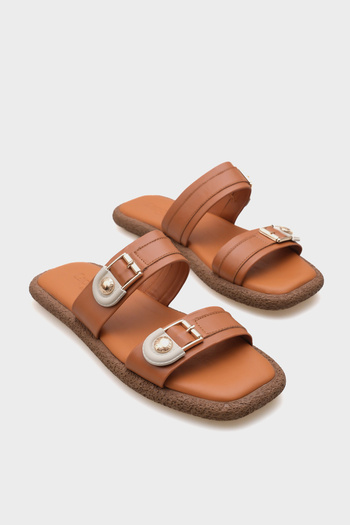 Capone Outfitters Enya Genuine Leather Double Buckle Flat Heeled Comfort Women's Slippers