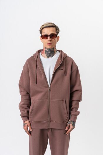 Respire Men's Text Detailed Hooded Basic Zip Oversize Hoodie Cocoa