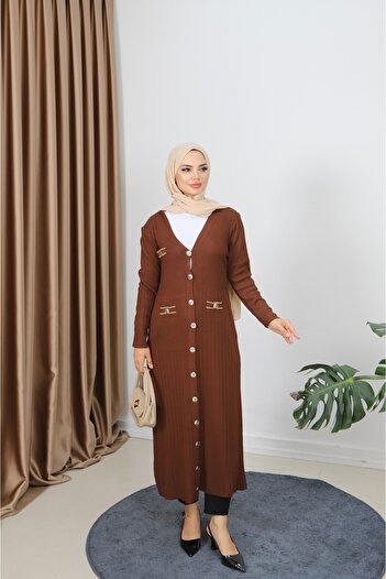 NİSUM MODA Mercerized Long Cardigan with Pocket Detail