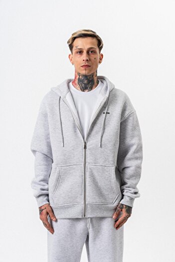 Respire Men's Text Detailed Hooded Basic Zip Oversize Hoodie Snow Melange