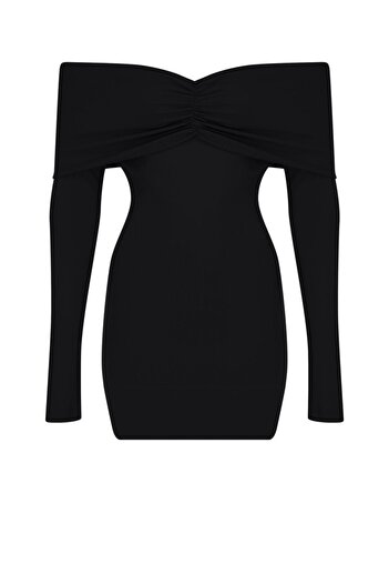 La Sarta Manon Off Shoulder Black Mini Dress