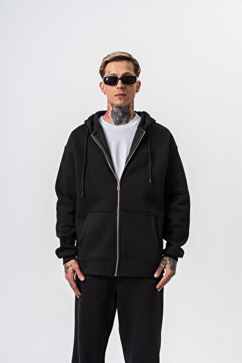 Respire Men's Text Detailed Hooded Basic Zip Oversize Hoodie Black
