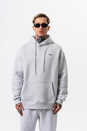 Respire Men's Text Detailed Hooded Basic Oversize Hoodie Snow Melange