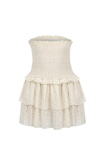 La Sarta Lucca Embroidery - 100% Cotton Cream RuFFle Shorts Dress