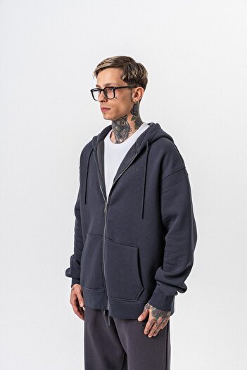 Respire Men's Text Detailed Hooded Basic Zip Oversize Hoodie Smoked