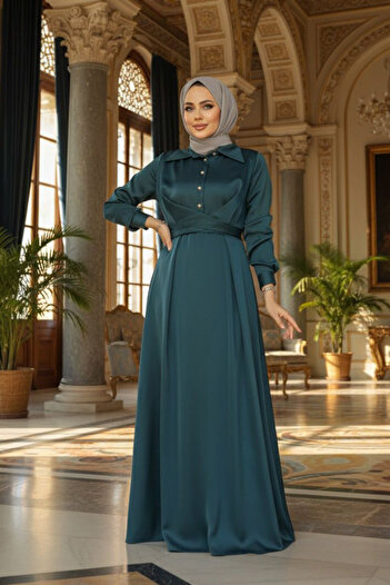 Neva Style Emerald Green Satin Hijab Dress - Button Detail, 45661ZY