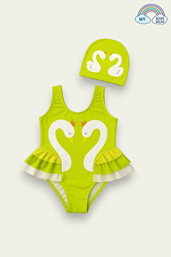 My Kids Wear Elegant Swan Print Three Layers Ruffle Detailed Boned Girls' Swimsuit
