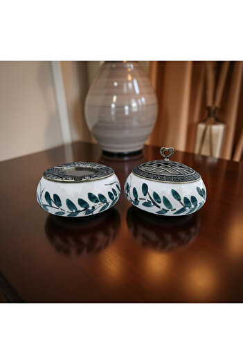 İlbay Çini Takı 1 Poyraz Sugar Bowl with Spring Branch Pattern and 1 Ashtray Set