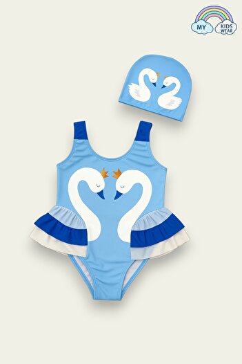 My Kids Wear Elegant Swan Print Three Layers Ruffle Detailed Boned Girls' Swimsuit