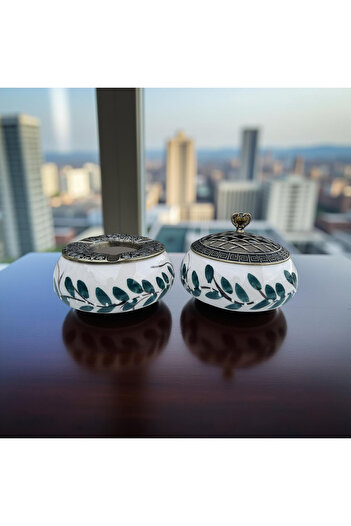 İlbay Çini Takı 1 Poyraz Sugar Bowl with Spring Branch Pattern and 1 Ashtray Set