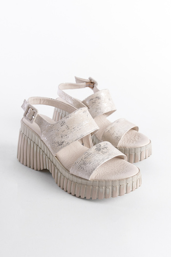 Capone Outfitters Genuine Leather Denim Double Strapped Wedge Heel Women's Sandals