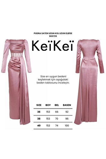 Keikei Pudra saten uzun kol uzun elbise