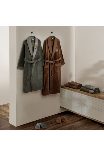 Ecocotton Farah Family Bathrobe Set - 100% Organic Cotton Embroidered, Green/Brown - M/L