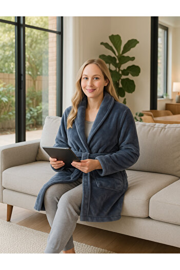Lucy and Home Soft Textured Blue Fleece Dressing Gown, Above Knee