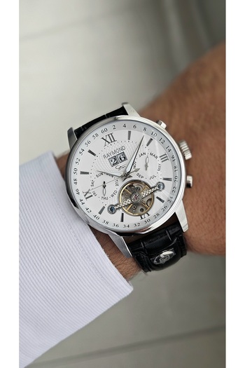 Raymond New Rym-4120 Automatic Mechanism Men's Wristwatch - Steel Case and Leather Strap - 2 Years Warranty Ss-Bk-W