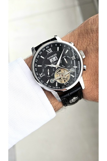 Raymond New Rym-4120 Automatic Mechanism Men's Wristwatch - Steel Case and Leather Strap - 2 Years Warranty Ss-Bk