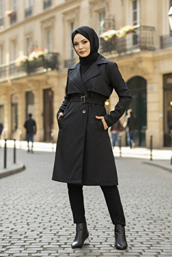 Neva Style Trench negru islamic cu centură cu cataramă 59371s
