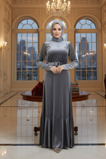 Neva Style Gray Hijab Velvet Dress with Buckle Belt 3748Gr