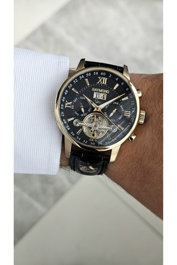 Raymond New Rym-4120 Automatic Mechanism Men's Wristwatch - Steel Case and Leather Strap - 2 Years Warranty Gold-Bk