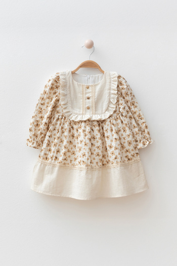 Banamio Elias Baby Girl Floral Patterned Linen Collar Lined Muslin Dress with Ruffle Detail