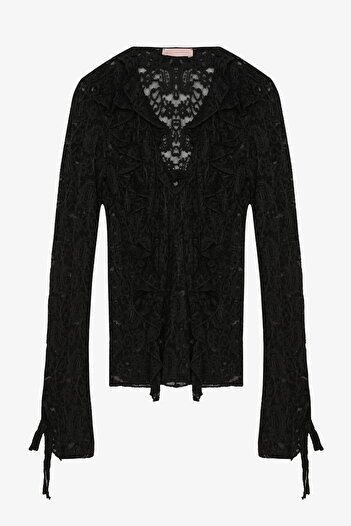 Quzu Ruffled V-Neck Lace Blouse Black