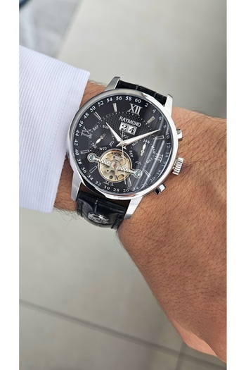 Raymond New Rym-4120 Automatic Mechanism Men's Wristwatch - Steel Case and Leather Strap - 2 Years Warranty Ss-Bk