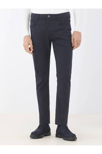 Kip Navy Blue Woven Slim Fit Casual Cotton Blend Trousers