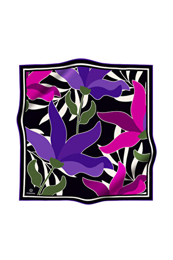 Vissona 100% twill silk leaf patterned purple - plum colored 90x90 scarf sewing method: hand stitching