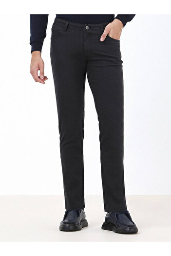 Kip Navy Blue Woven Slim Fit Casual Cotton Blend Trousers