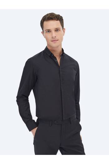Kip Black Slim Fit Classic 100% Cotton Shirt