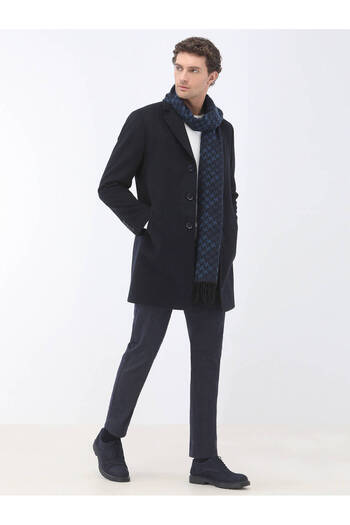 Kip Navy Blue Woven Slim Fit Casual Cotton Blend Trousers