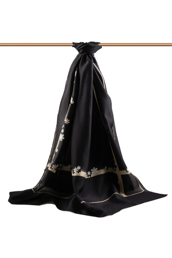 Vissona 100% Silk Floral Patterned Black - Beige Colored 92X210 Shawl