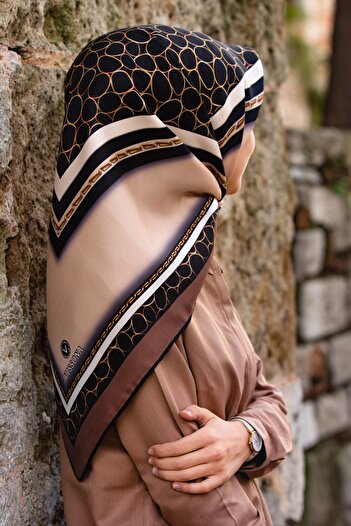 Vissona 57% Silk 43% Viscos Twill Silk Gold Ring Pattern Beige - Brown Colored 90X90 Scarf Planting Shape: