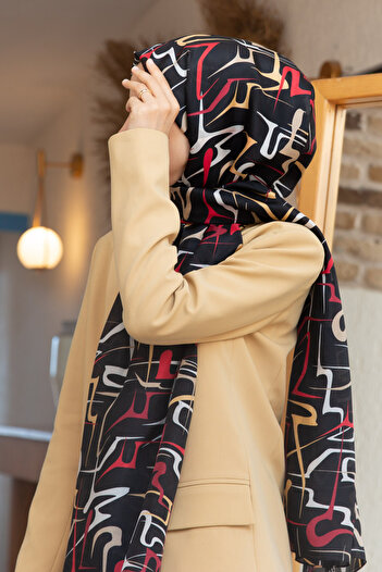 Vissona 100% Silk Striped Patterned Black - Bordo Colored Shal