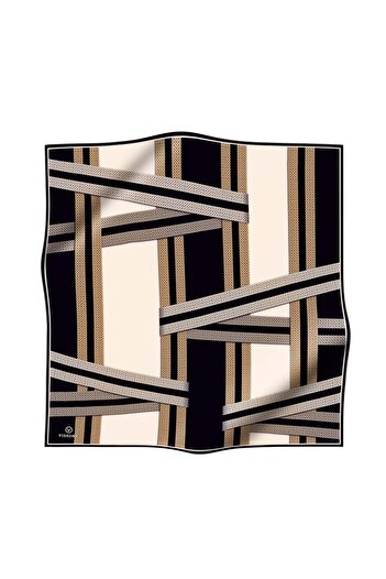 Vissona 100% Twill Silk Geometric Patterned Black - Cream Colored 90X90 Scarf Sewing Shape: Hand Sewing