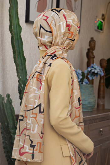 Vissona 100% Silk Striped Patterned Beige - Taba Color Shal