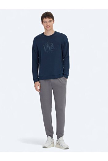 Kip Navy Blue Crew Neck Patterned Sweatshirt