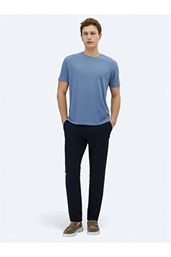 Kip Aviator Blue Plain Crew Neck Cotton Blend T-Shirt